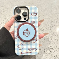 Cute Plaid Bread Bagel Phone Case with Grip for iPhone