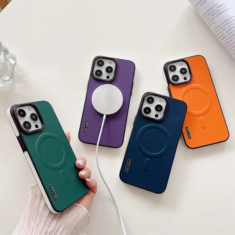 Business Leather MagSafe Case – Dual-Color Magnetic Shockproof Cover for iPhone