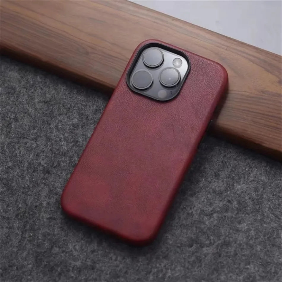 Retro Crazy Horse Leather MagSafe Phone Case for iPhone