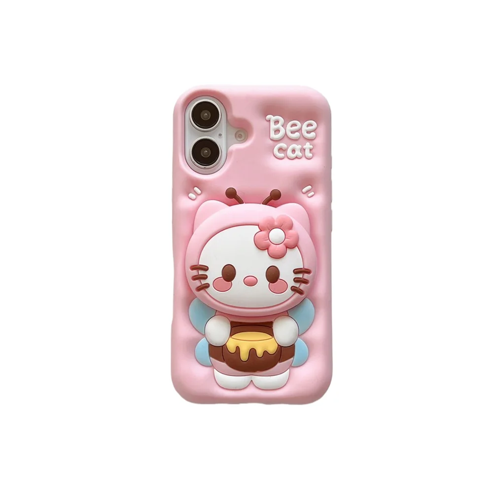 Cute 3D Hello Kitty Bee Case with Grip Tok – Soft Silicone Cartoon Cover for iPhone