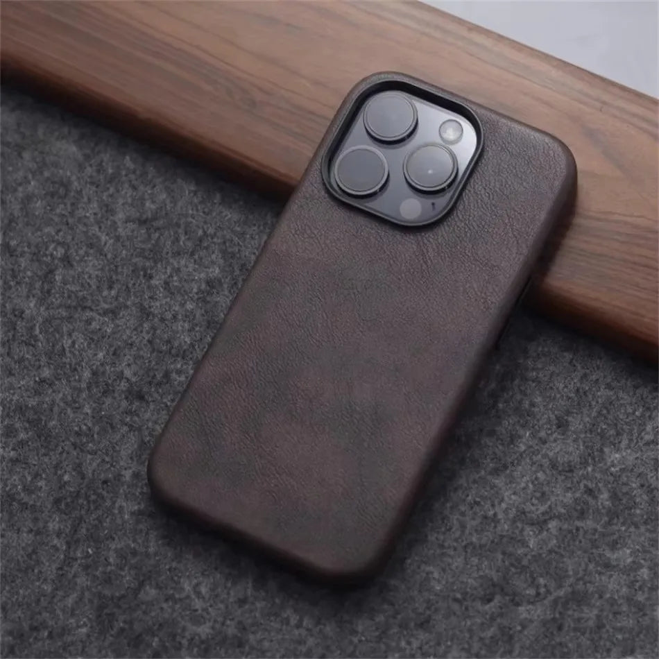 Retro Crazy Horse Leather MagSafe Phone Case for iPhone