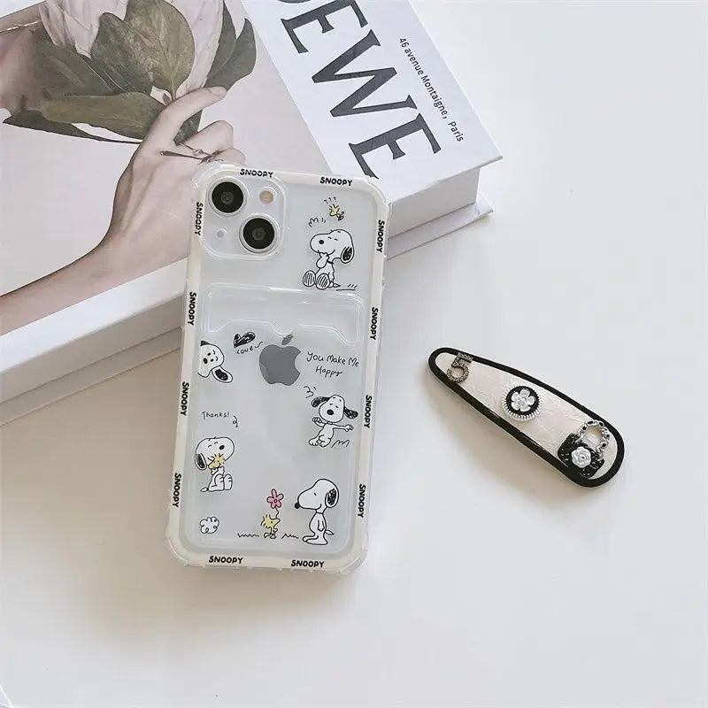 Cute Cartoon Snoopy Clear Soft Case with Card Holder For iPhone  Mini & Plus Series