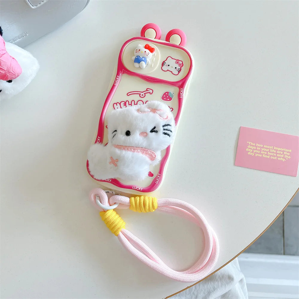 Cute Hello Kitty & Pochacco Plush Doll 3D Case – Soft Silicone Push-Pull Camera Cover for iPhone