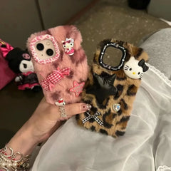 Leopard Print Hello Kitty Plush Case for iPhone