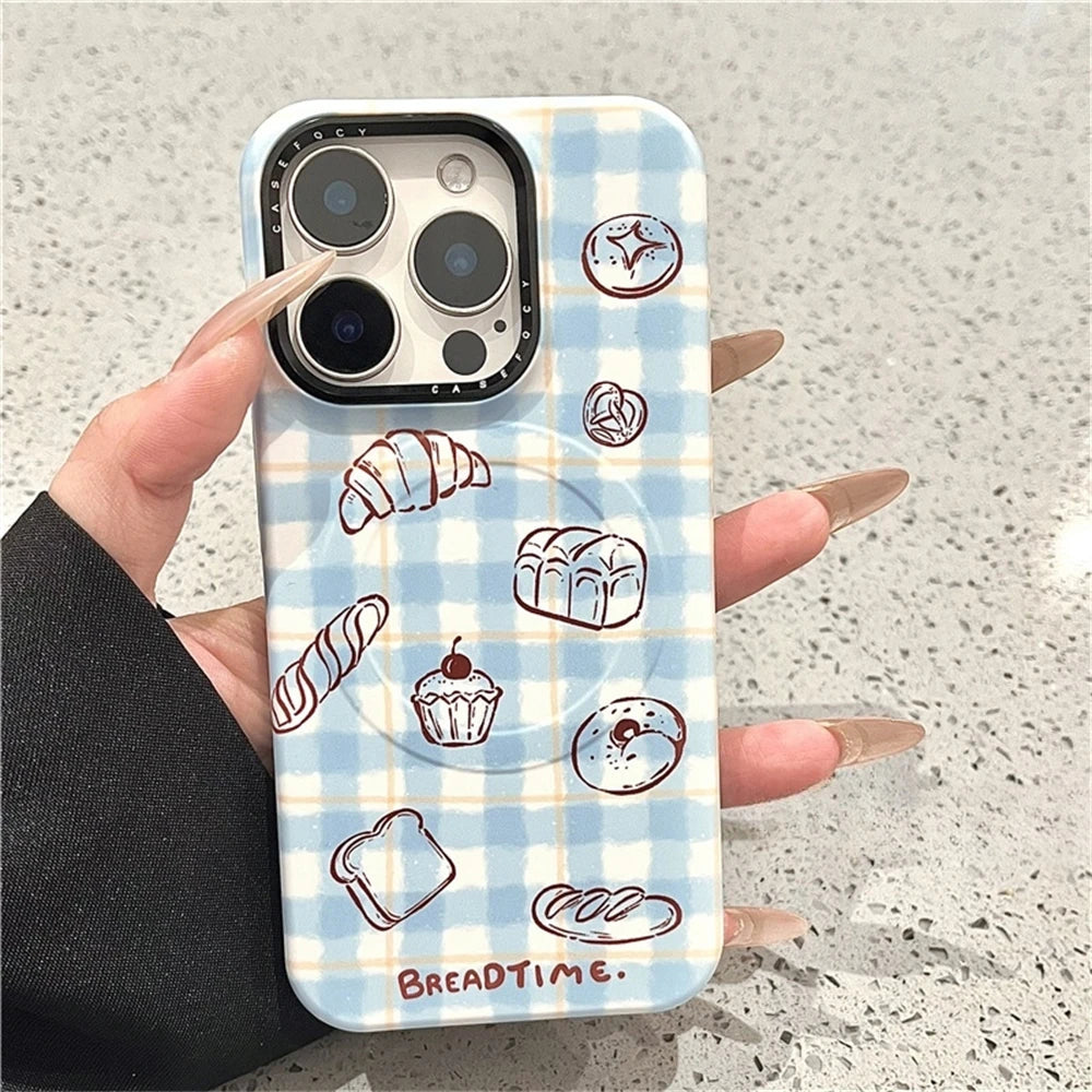 Cute Plaid Bread Bagel Phone Case with Grip for iPhone
