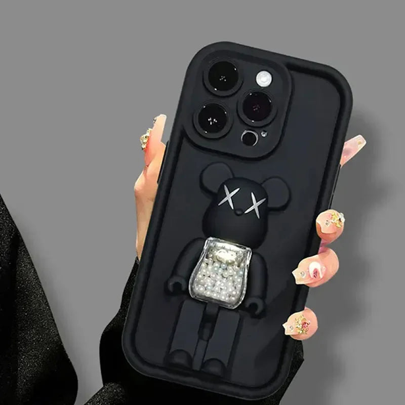 3D Bear Holder Matte Case For iPhone Soft Shockproof Stand Cover