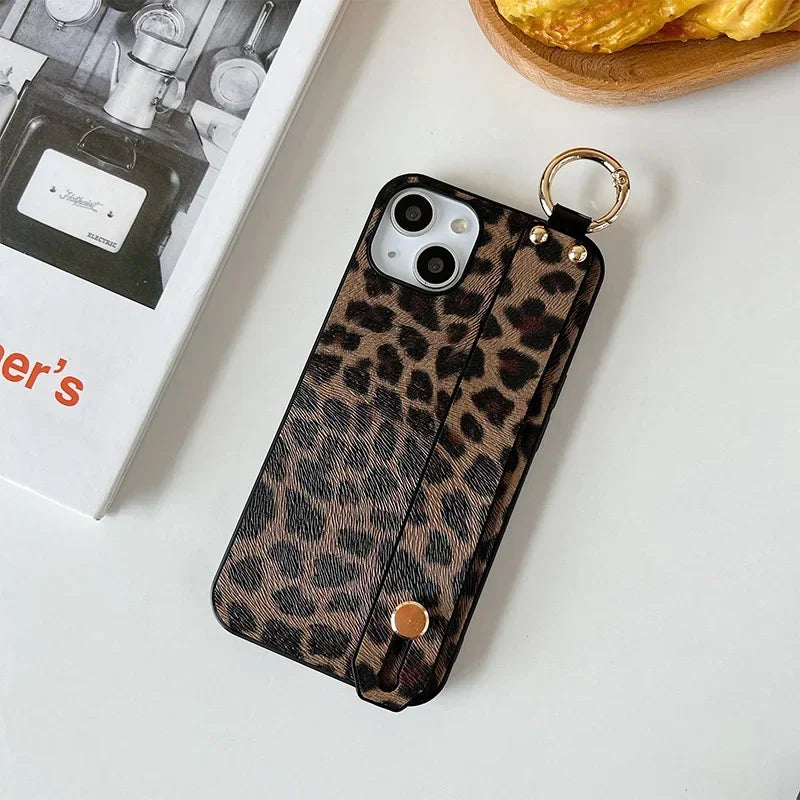 Leopard Print Wrist Strap Phone Case