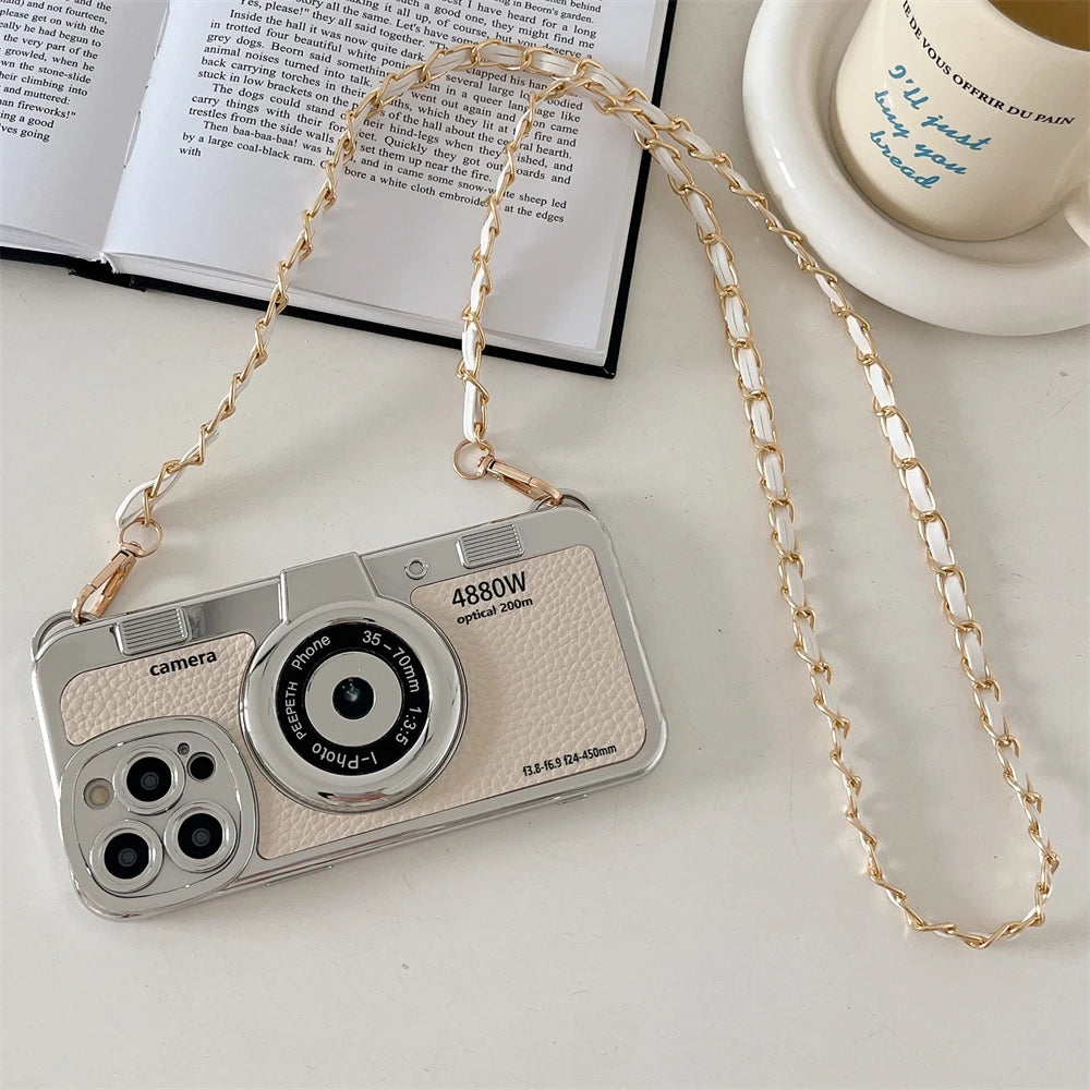 Luxury 3D Camera Plating Phone Case with Crossbody Chain  For iPhone